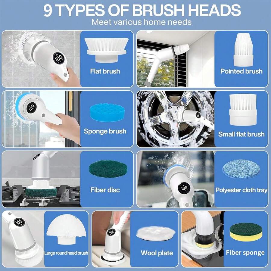 Cepillo Electrico para Baño Limpieza,[IPX7 Resistente al Agua] Cepillo Giratorio para Baño sin con 9 Cabezas de Cepillo Reemplazables,extensible ajustable para baño, cocina, coche, etc. - 1 - Ver 1