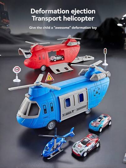 3-12 Years Old Kids Transformable Helicopter Transport Model, Multi-Functional Track Launcher, Rich Accessories, Dual Transformation, Durable, Suitable As Toy Gift, Christmas Gift (Some Accessories Random)
