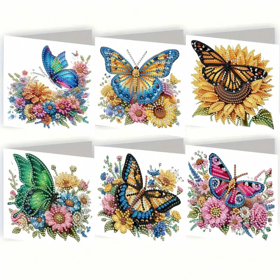6pcs Diamond Painting Greeting Card Set, DIY Butterfly Theme Design - Includes 6 Envelopes, High-Quality Craft Paper Material, Mosaic Art Creative Postcard. Suitable For Holiday Blessings Or Conveying Heartfelt Gifts, Expressing Warmth And The Best Wishes. - Multicolor - View 1