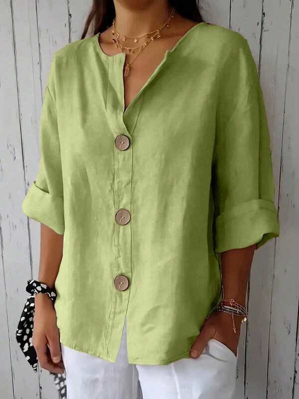 Plus Women's Solid Color Front Button Shirt Top