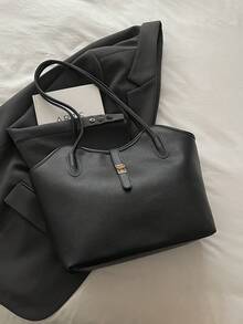 Contrast Color Strap Shoulder Bag With Dual Handles, Suitable For Work Or School. Perfect For Graduate Students, Young Girls, College Freshmen To Seniors, And High School Students. - Black - View 9