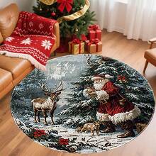 1 pezzo Tappeto da area in flanella a tema natalizio: Babbo Natale che interagisce con le renne, circondato da boschi innevati, albero di Natale con ornamenti e fiori di poinsettia. Lavabile, adatto per camera da letto, soggiorno, balcone, casa, hotel, ufficio e decorazione per le feste - Multicolore - Visualizzare 7
