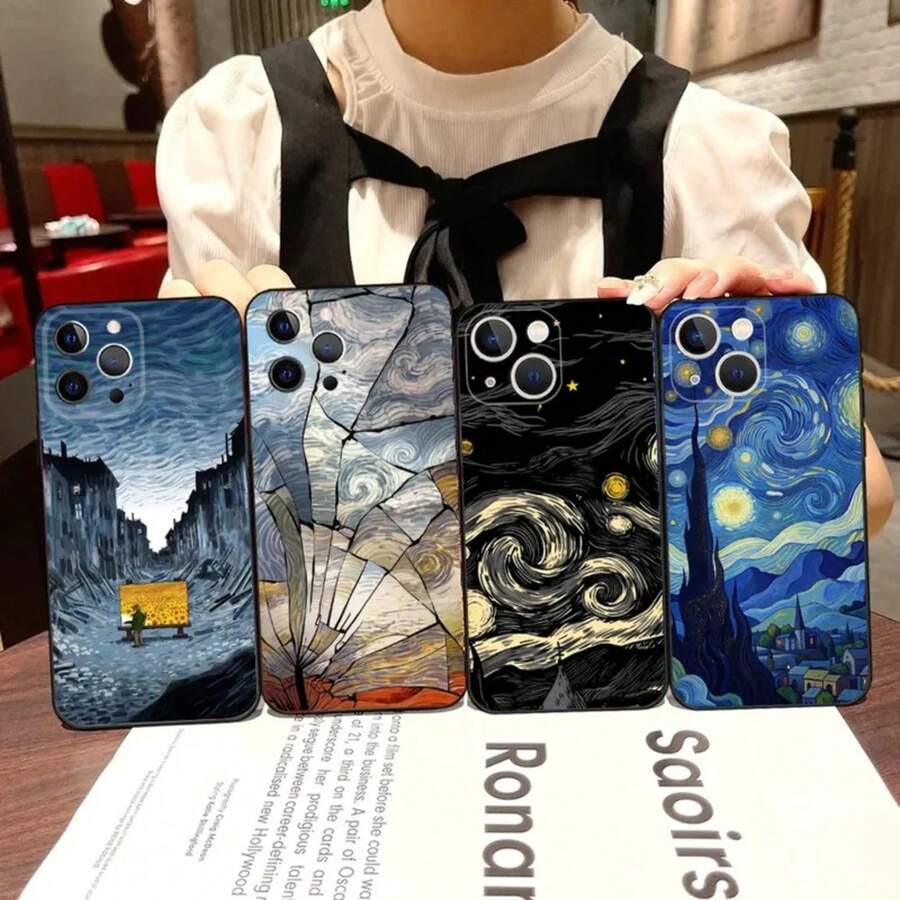 Funda de teléfono Van Gogh La noche estrellada compatible con 16,15,14,13,12,11,Pro,X,XS,Max,XR,Plus,Mini, funda de silicona suave negra, compatible con funda de 17, funda de 17 Pro, funda de 17 Pro Max - z5 - Ver 1