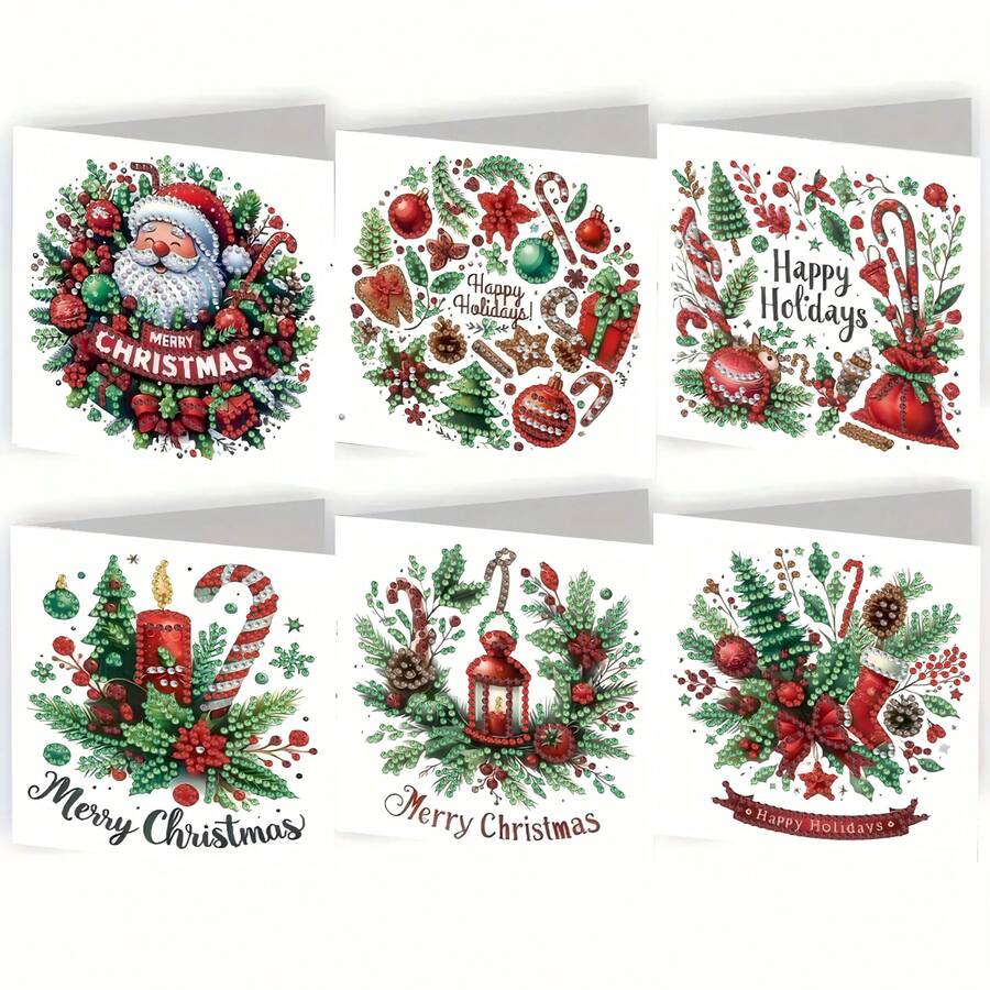 6pcs Diamond Painting Greeting Card Set, DIY Christmas Themed Patterns - Includes 6 Envelopes, High-Quality Craft Paper Material, Mosaic Art Creative Postcards. Suitable As Holiday Blessings Or Gifts To Express Warmth And Best Wishes. - Multicolor - View 1