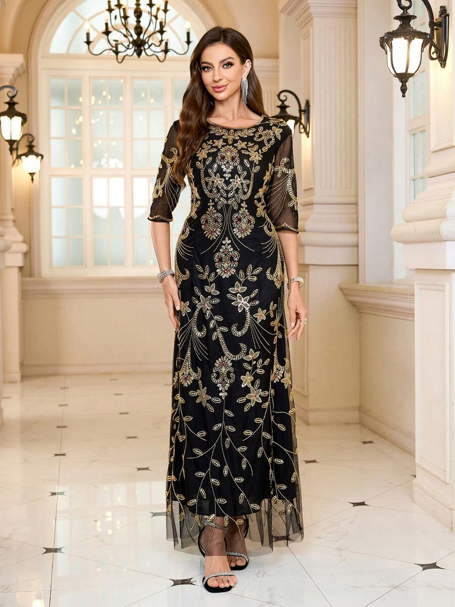 JINLICX Plus Size Beaded Embroidery Gown Dress Luxury Elegance For Weddings, Galas & Formal - Black - View 1