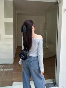 Lace Trim Letter Oblique Shoulder Long Sleeve T-Shirt, Slim Fit Sexy Ladies Top, Early Autumn