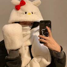 Sanrio Saneio ha autorizado el conjunto de 3 piezas de Guantes KT, Gorro y Bufanda Hello Kitty, que incluye un gorro esponjoso, un cuello cálido de invierno y guantes cálidos de invierno, un conjunto de bufanda de invierno de 3 en 1 para mujer. Artículo cálido y lindo con un gorro conectado. Regalo perfecto de Halloween para amigos y mejores amigas, regalo de Navidad, Año Nuevo y cumpleaños.