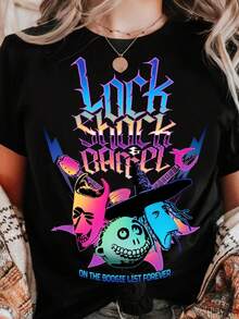 1pc Women's  Nightmare Before Christmas T-Shirt - Retro 90s Lock Shock Barrel Graphic Tee With  - Official Land Halloween Party 2025 Costume - Non-See Through Crew Neck Top For Halloween Parties, Tim Movie Fans - Vintage  Rock Band Shirt - Adult Women's Casual Apparel - màu đen - Xem 7