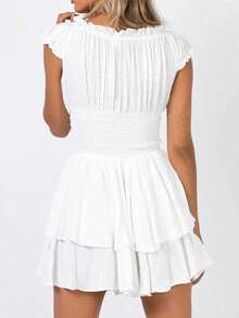 Women 2025 Spring Autumn Women's White Tiered Jumpsuit | Chiffon A-Line Shorts With Puffy Ruffles | Sweet Square Neckline & Waist-Defining Silhouette | Fairycore Wedding Guest & Date Night Outfit