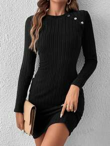 Vestido Corta Moda Para Mujer Manga Larga Cuello Redondo Color Sólido Slim Con Botón Otoño Ropa Diaria Cita - Negro - Ver 2