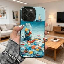 Colorful Stones Beach Design Phone Case Light Blue Glass Carafe And Boat In The Sea Print Phone Case Ideal For Daily Use And Travel Going Out With Fashion Phones - Black - View 1