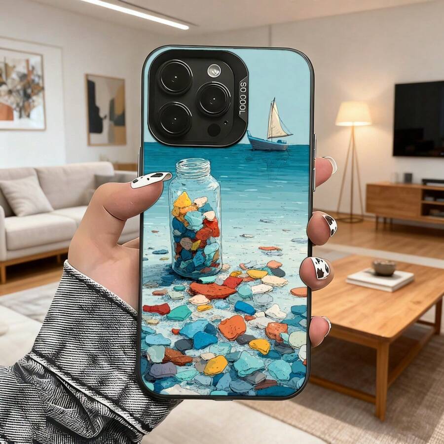Colorful Stones Beach Design Phone Case Light Blue Glass Carafe And Boat In The Sea Print Phone Case Ideal For Daily Use And Travel Going Out With Fashion Phones - Black - View 1