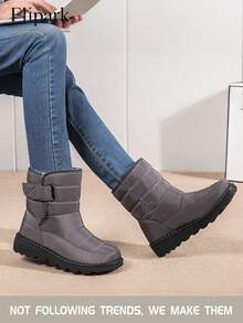 Flipark 开衫款配毛衣36-44码户外保暖内衬加厚雪地靴女中筒冬季圆头平跟大码女靴防水防滑女鞋保暖靴中年妈妈鞋 - 灰色 - 查看 4
