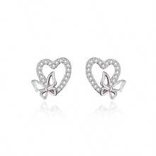 Chic S925 Sterling Silvery Heart & Butterfly Stud Earrings With Sparkling Zirconia - Hypoallergenic, Perfect Gift For Her