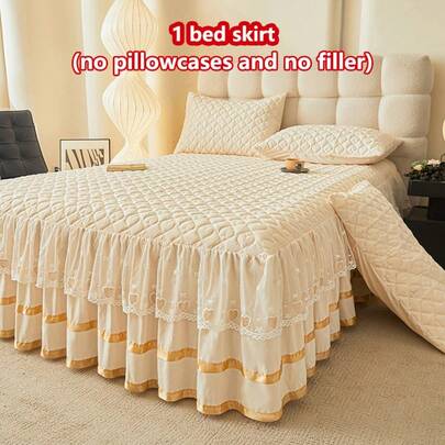 1 件心形图案绗缝床裙（1 件床裙，不含枕套），饰有心形和蝴蝶结蕾丝花边，时尚优雅，吸湿排汗，抗皱，安静，可拆卸床垫套