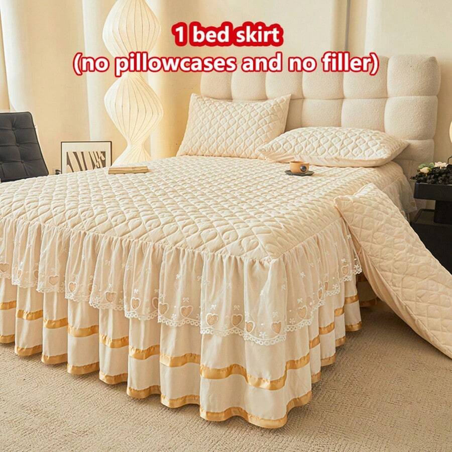 1 件心形图案绗缝床裙（1 件床裙，不含枕套），饰有心形和蝴蝶结蕾丝花边，时尚优雅，吸湿排汗，抗皱，安静，可拆卸床垫套