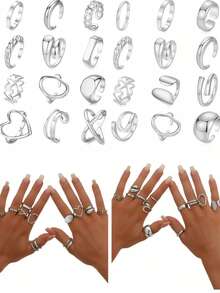 12 PCS Multi-Piece Fashion Versatile Silver & Gold-Toned Geometric, Heart & Twisted Detail Ring Set - Stackable Styles For Daily & Occasion
