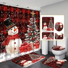 4 pezzi Set di decorazioni natalizie invernali: Tenda da doccia lavabile con motivo pupazzo di neve e albero, include 12 ganci, copriwater a forma di U antiscivolo e tappetino da bagno, adatto per decorazioni natalizie per casa e bagno, regalo