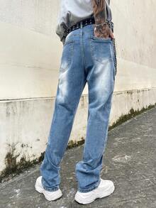 Pantalones vaqueros azul desgastados para hombre de 4 estaciones, pantalones de corte recto y delgado de estilo urbano estadounidense, personalizados con estilo Y2K, adecuados como regalo para el novio - Azul - Ver 6