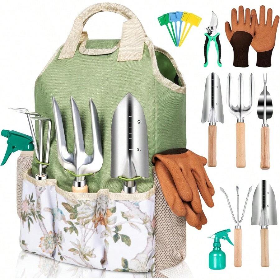 Gardening Tool Set 10 Pieces Heavy Duty Stainl Steel Garden Tool Set Hand Tools With Roomy Lightweight Floral Tote Bag RustProof Garden Tools For Gardening Ideal Gardening Gifts For Women Mom - 綠色 - 查看 1