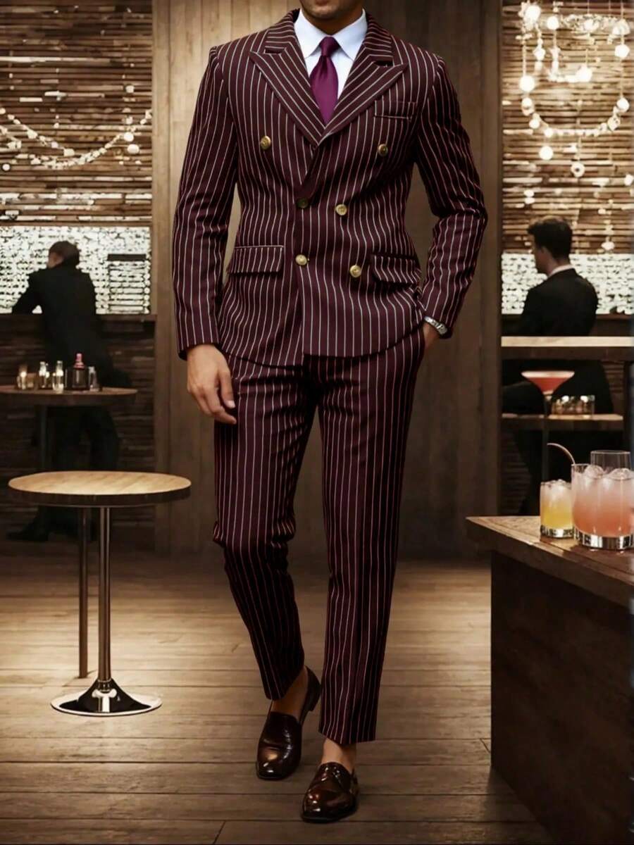 2pcs Men's Slim Fit Striped Double-Breasted Suit Set, Includes Jacket And Pants, Suitable For Business, Commute, Wedding, Party, Formal Occasions, Valentine's Day Gift - Burgundy - View 1