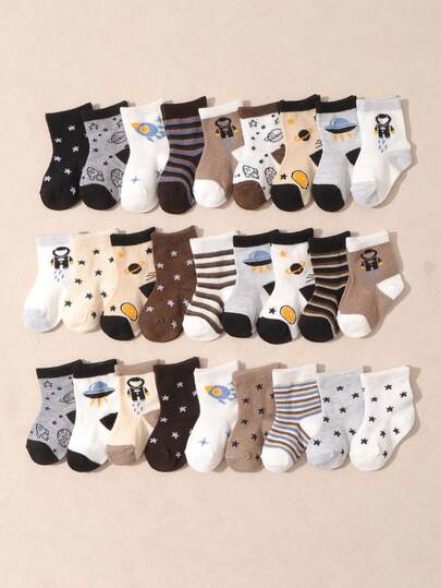 10 Pairs Baby Boys' Solid Color & Random Pattern Casual Mid-Calf Socks, Autumn/Winter