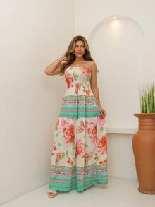 ARCO IRIS Long Strapless Dress In Plain Viscose, Printed, Barrato 36-42 With Lastex, Casual, Elegant, Feminine For Versatile And Comfortable Looks - B/VERDE - 查看 3