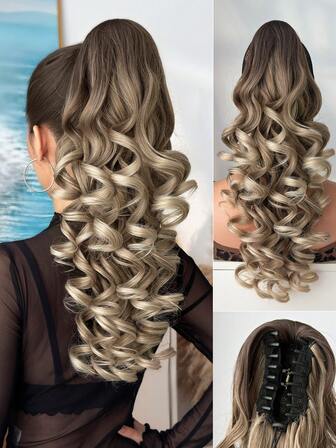 Kloformad hästsvansförlängning hårtillbehör tonad brunt hår 20 tum djupvågig värmebeständig fiber syntetisk hästsvansperuk, lämplig för kvinnors fester och daglig användning