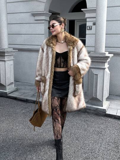 Abrigo de cuello alto de piel sintética larga para mujer con mangas regulares y bolsillos, con diseño a rayas