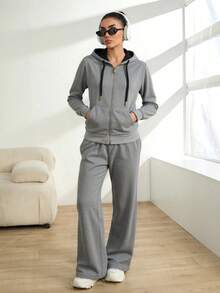Conjunto de sudadera con capucha y cremallera para mujer - Tela suave y transpirable, diseño con detalles en negro y oro, pantalones de pierna ancha, estilo casual y moderno, ideal para múltiples ocasiones. - flor gris - Ver 3
