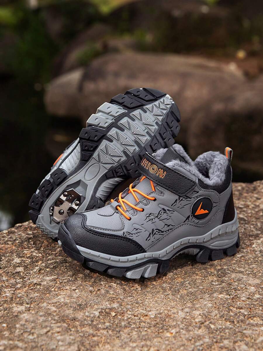 Boys' Winter Plush Thick High-Top Hook And Loop Outdoor Sports Shoes, Comfortable & Versatile, Stylish Snow Boots For Halloween - Grey - View 1