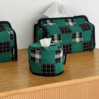 格子复古拼布家居装饰防尘纸巾盒，多用途收纳盒，可存放湿巾、餐巾纸和杂物