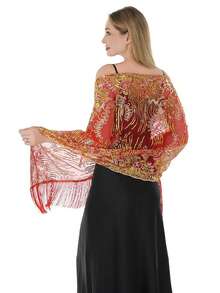 New Luxury Sequin Embroidered Tassel Shawl, Suitable For Wedding, Banquet, Ball, Party, Cheongsam, Floral & Paisley Print, Polyester, All Season
