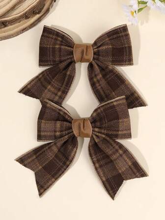 2pcs Brown Fabric Bow Hair Clips For Girl, Retro Gingham Hair Bows, Brown Tone Plaid Flower Aligator Clips, Soft Fabric Casual Hair Barrettes, Sweet Girls Hairpins, Teens Hair Accessories