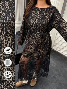 Doriss Lace Leopard See Through Round Neck Long Sleeve Dress, Autumn And Winter, Solid Color, Old Money, Back To School, Concert Outfits For Women, Wedding Guest Dress, Bohemian,Halloween - Black - View 3