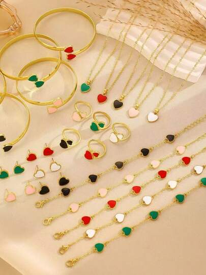 5pcs/Set Heart Enamel Alloy Jewelry Set, Suitable For Wedding, Party, Date, Daily Wear, Fashion Accessories For Women