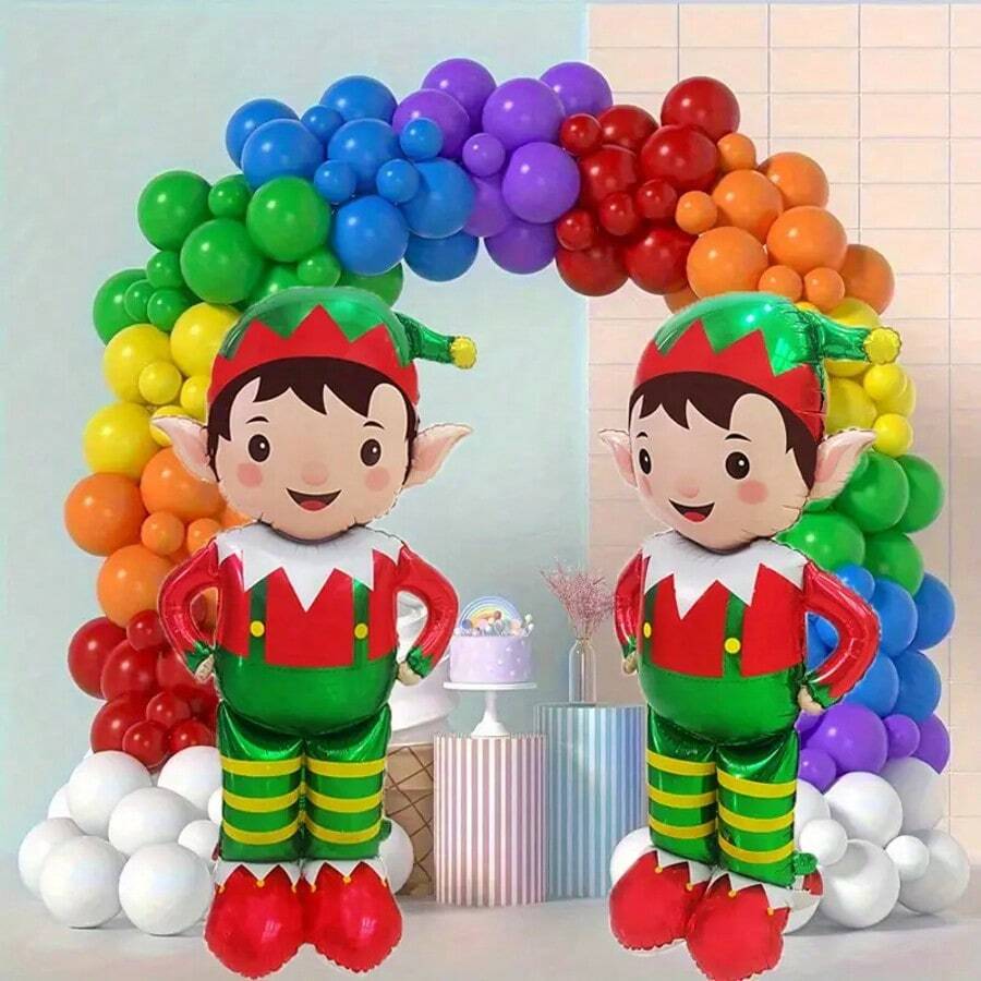 1/2 Dozen 48inch Christmas StandingFoil Balloons - Self-Sealing Red & GreenDesign With Striped Pants, Pointed Ears And Hat - Indoor/Outdoor Holiday Decor, Suitable For Home, Party, Thanksgiving & Christmas - Includes Inflation Nozzle, No Power Needed, Festive Home Decor, Vibrant Holiday Balloons, Easy Self-Sealing Balloons - Red - View 1