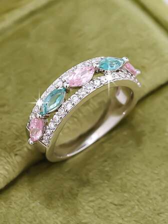 1pc Zirconia Fashionable & Sweet Silver Ring, Elegant Jewelry For Women, Suitable For Daily Wear, Anniversary, Party, Gathering And Special Occasions