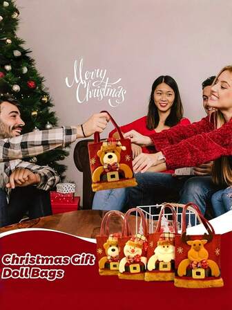 4 种款式圣诞礼品袋 - 圣诞老人雪人驯鹿熊毛绒针织可重复使用节日礼物袋，适用于圣诞派对装饰、礼品包装