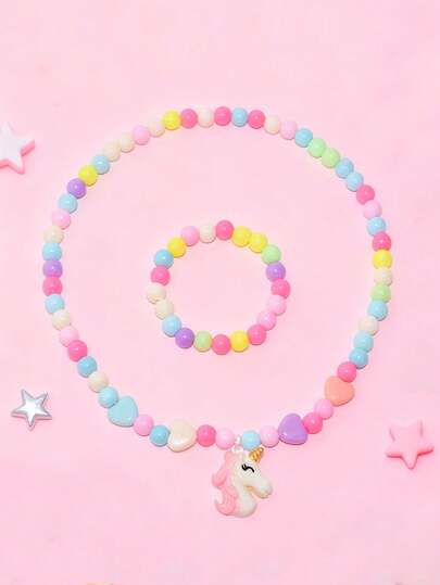 2pcs/Set Cute Girls' Unicorn Pendant Necklace & Beaded Heart Bracelet Jewelry Set, Assorted Colors, Suitable As Party Gift For Girls