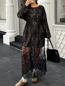 Doriss Lace Leopard See Through Round Neck Long Sleeve Dress, Autumn And Winter, Solid Color, Old Money, Back To School, Concert Outfits For Women, Wedding Guest Dress, Bohemian,Halloween - Black - View 4