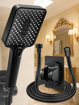 (Single Shower Head/3pcs Set) Square High Pressure Shower Head, Bathroom Rainfall Shower Head, Handheld Adjustable Shower Head With 59in Shower Hose, Drill-Free Adjustable Shower Head Holder