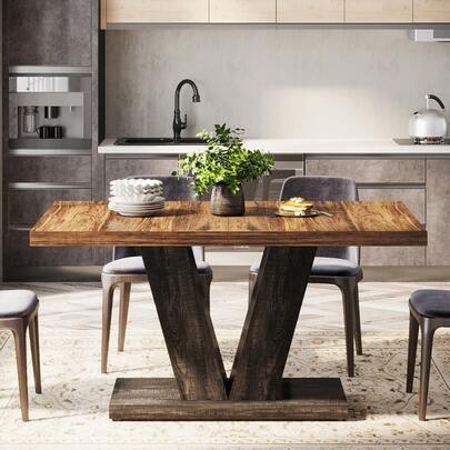 LITTLE TREE Dining Table For 4, 120cm Kitchen Dinner Table With Heavy Duty Pedestal, Farmhouse Wooden Eating Table For Home, Dining Room, Small Space, Black & Brown