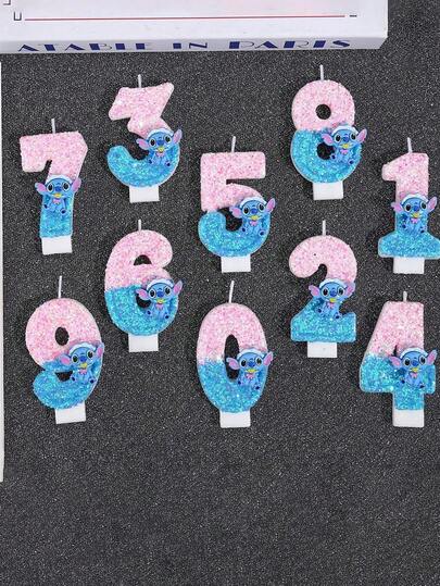Disney 1pc Stitch Cartoon Glitter Number Candles Set, 0-9 Pink Blue Sparkle Numeral Candles, Birthday Cake Toppers For Kids Party Decoration