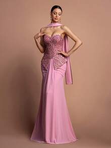 Faeriesty Style Elegant Sequin Strapless Mermaid Evening Gown – Heart-Shaped Neckline, Flowing Chiffon Skirt – Perfect For Wedding Receptions, Gala Dinners, Red-Carpet Events & Luxury Bridal Showers - Pink - View 9