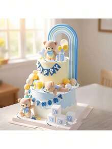 1 件可爱熊蛋糕装饰，蓝色蝴蝶结熊蛋糕装饰，彩虹条纹拱门蓝色礼盒蓝色星云蛋糕装饰，适合洗礼生日派对蛋糕装饰，适合性别揭晓派对蛋糕装饰，迎婴派对蛋糕装饰 - 藍色 - 查看 3
