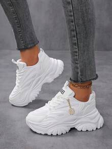 Sporty Front Chunky Sneakers For Women,Colorblock Round Toe Leather Lace-Up Shoes Women Lightweight Breathable Sneakers Women Shoes Anti-Slip Wear-Resistant Outdoor Sports Tennis Shoes Platform Shoes For Women,Comfortable Casual Women Shoes - White - View 6