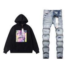 Men's Printed Hoodie High StreetEurope And AmericaStyle Loose Hole Casual Pants Set - màu đen - Xem 1