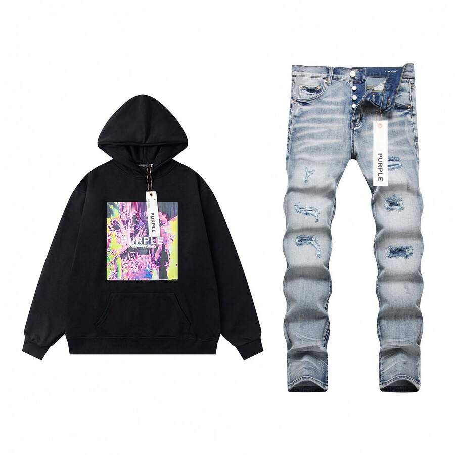 Men's Printed Hoodie High StreetEurope And AmericaStyle Loose Hole Casual Pants Set - màu đen - Xem 1