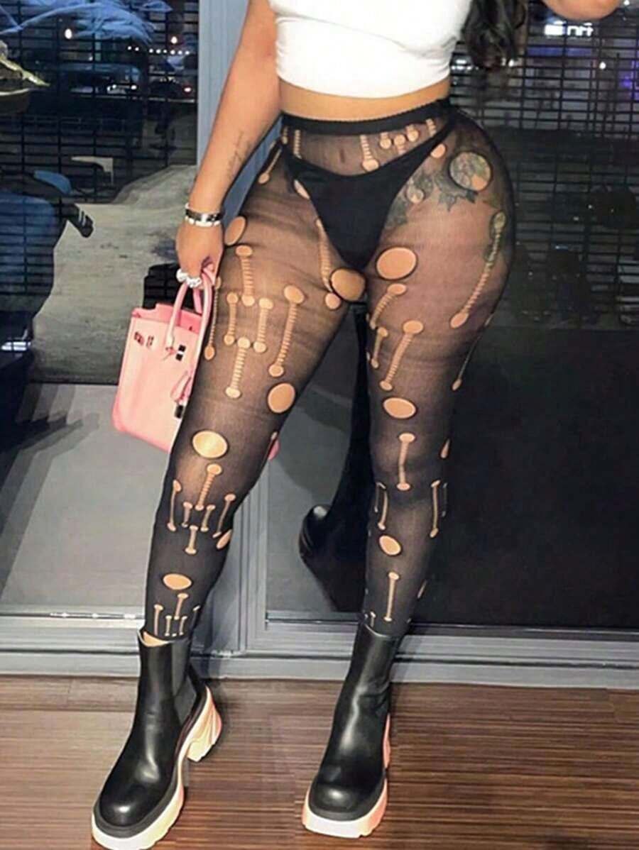 European& American Style Women's Summer New Sexy Mesh Sheer Hollow Out High Waisted Tight Long Casual Pants, Plus Size - 黑色 - 查看 1